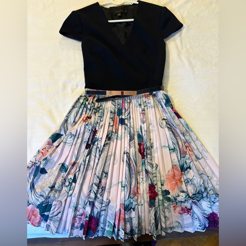 Ted Baker Black Bodice Floral Pleated Skirt Dress